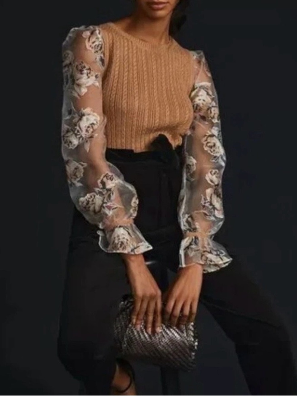 Anthropologie Maeve Brown Vest Organza Floral Sheer Whimsy Cottage Vest XS